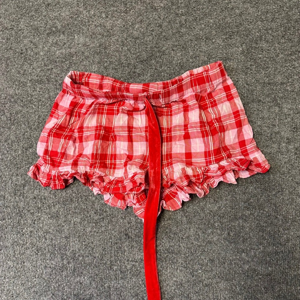 Victoria's Secret PINK Pajama Shorts Womens Size S Red Plaid Ruffle Velvet Tie